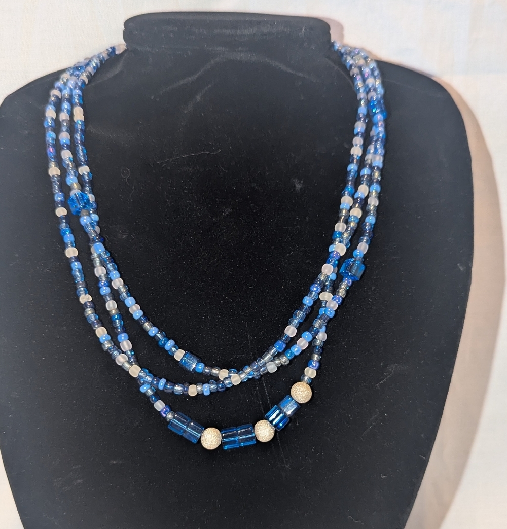 Blue Beaded Triple Strand Adjustable Necklace 21"